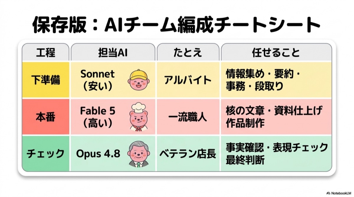 保存版・AIチーム編成チートシート。下準備は安いモデル、本番は高性能なモデル、チェックはバランス型モデル
