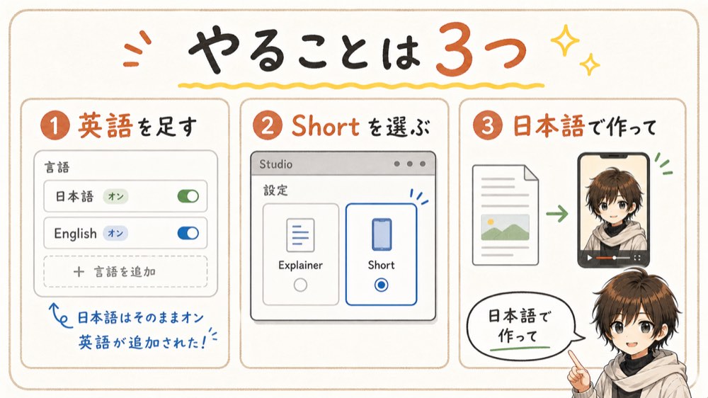 手順は3つ。言語設定・Shortを選ぶ・日本語で作ってと書く