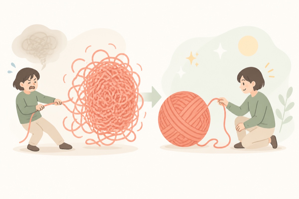 絡まった毛糸をほどいて、きれいな毛糸玉にする様子——言語化は順番が大事
