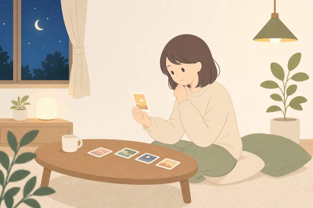 夜、一日を振り返りながら気持ちを一枚のカードに整理する様子