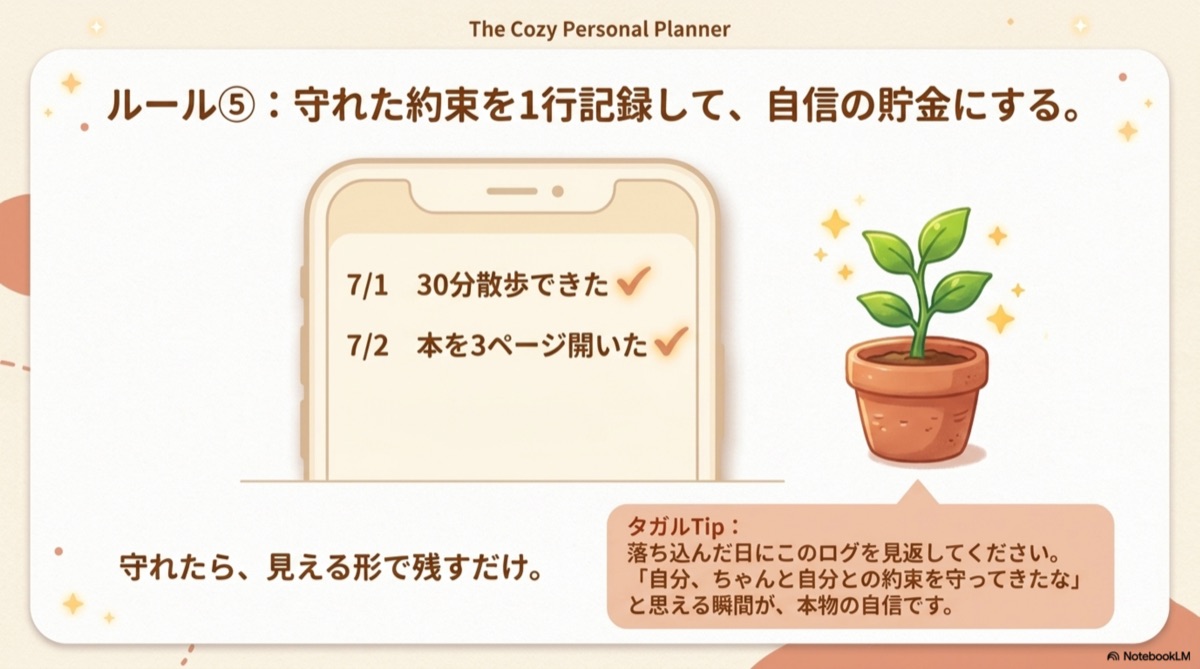 ルール5：守れた約束を1行記録して自信の貯金にする