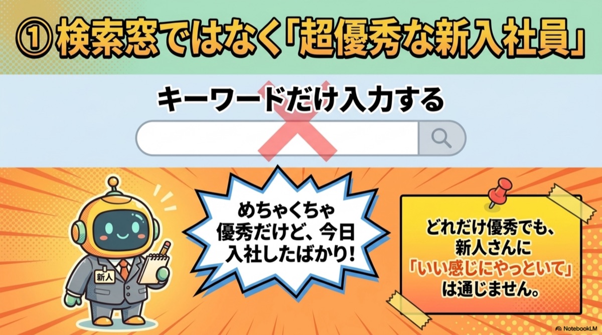 検索窓ではなく超優秀な新入社員。キーワードだけ入力するのは×