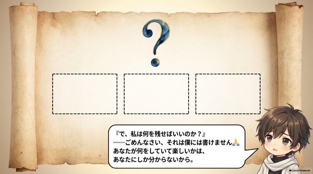 空欄の巻物。ここから先は、あなたが決めること